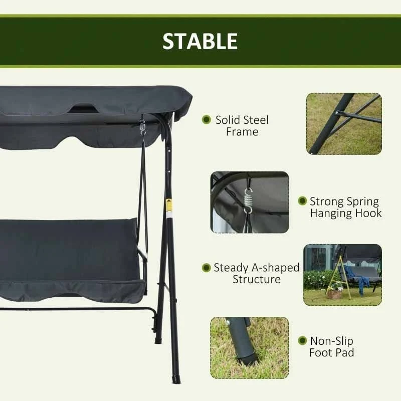 Outsunny 3-Seater Hammock Swing Chair With Canopy - Dark Grey - 84A-054V02GY - Image 3