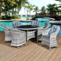 Oseasons® Sicilia Rattan 6 Seater Dining Set - Dove Grey With Black Glass - 106374