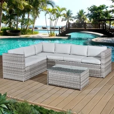 Oseasons® Acorn Rattan 6 Seater Corner Sofa Set - Dove Grey With Off-White Cushions - 106426