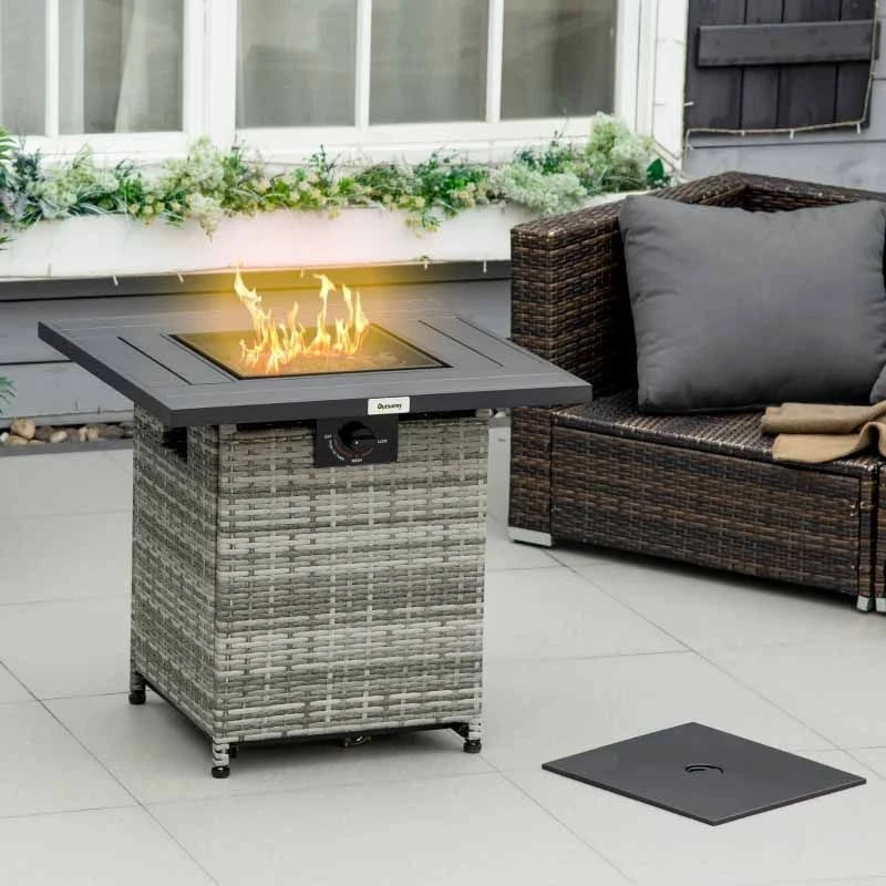 Outsunny Outdoor PE Rattan Gas Fire Pit Table - Grey/Black - 867-147V70GG