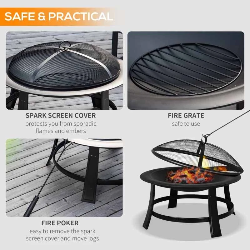 Outsunny 30" Round Metal Fire Pit With Cover - Black - 842-079 - Image 4