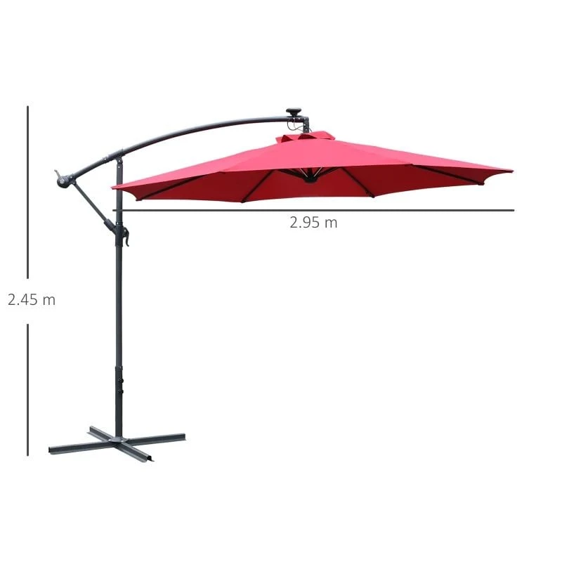 Outsunny 2.95x2.45Hm Umbrella Parasol With Solar Powered LED Strips - Wine Red - 84D-066WR - Image 10