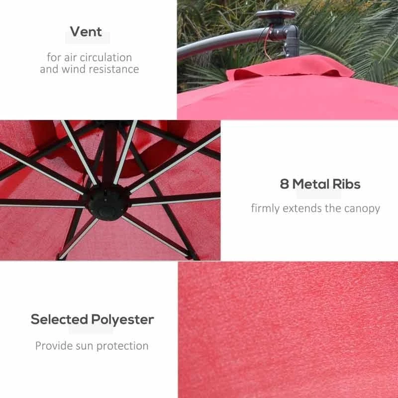 Outsunny 2.95x2.45Hm Umbrella Parasol With Solar Powered LED Strips - Wine Red - 84D-066WR - Image 9