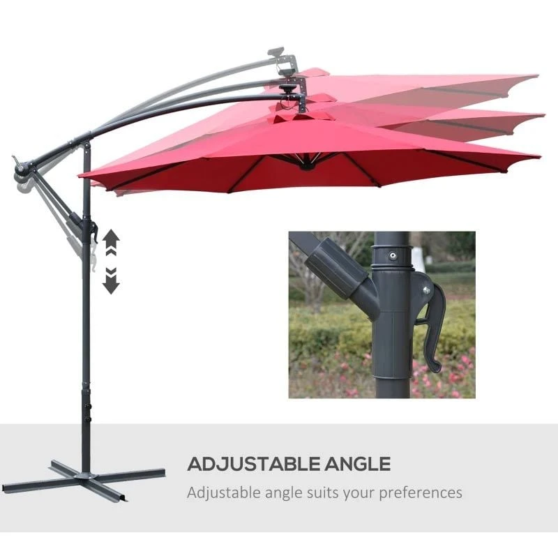 Outsunny 2.95x2.45Hm Umbrella Parasol With Solar Powered LED Strips - Wine Red - 84D-066WR - Image 8