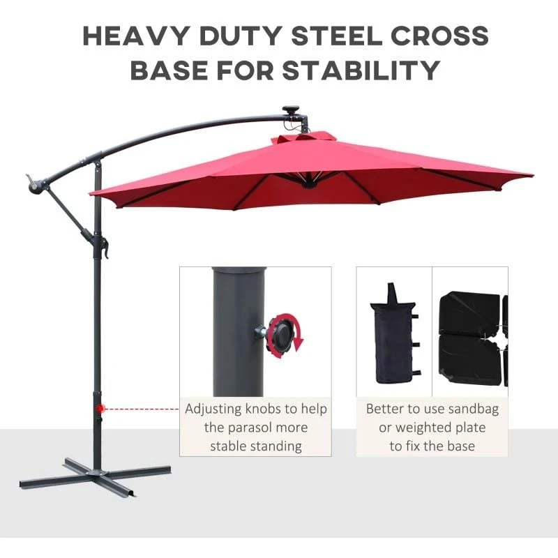 Outsunny 2.95x2.45Hm Umbrella Parasol With Solar Powered LED Strips - Wine Red - 84D-066WR - Image 7