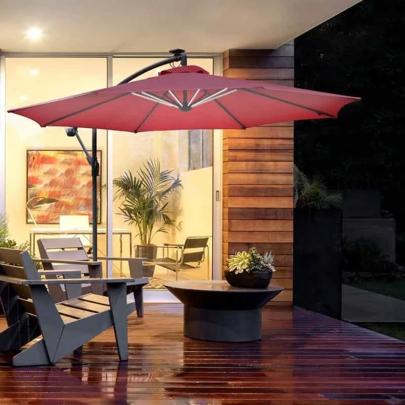 Outsunny 2.95x2.45Hm Umbrella Parasol With Solar Powered LED Strips - Wine Red - 84D-066WR - Image 3