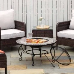 Outsunny 3-in-1 Mosaic Pattern Outdoor Fire Pit - Black/Beige - 842-216