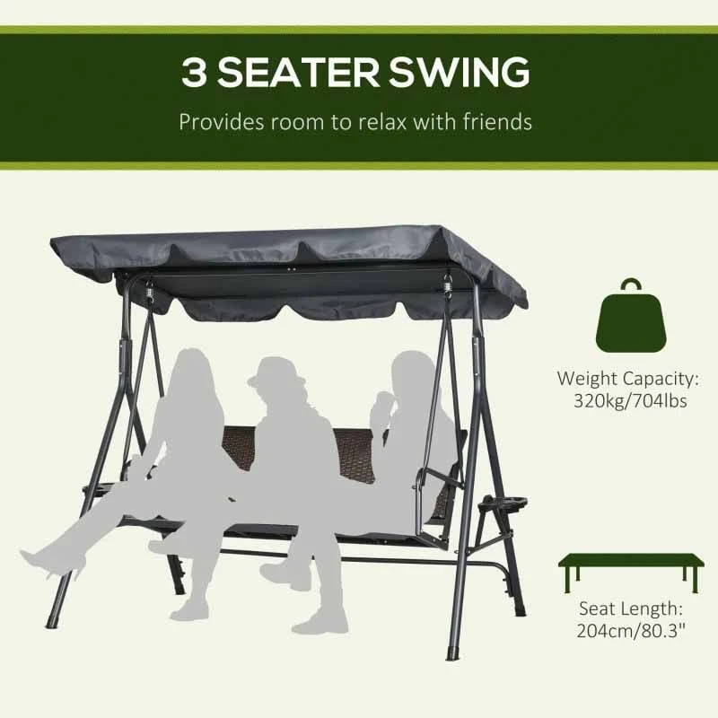 Outsunny 3 Seater Rattan Swing Chair With Canopy - Brown / Grey - 84A-277V00CG - Image 3