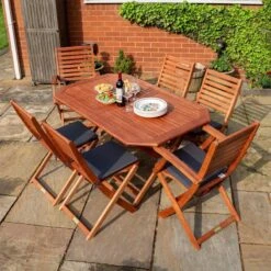 Rowlinson Plumley 9 Piece Dining Set With Grey Cushions + Grey Parasol & 15kg Base - BPGYP27GY