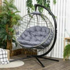 Outsunny Round PE Rattan Hanging Egg Chair - Grey - 84A-265V70GY