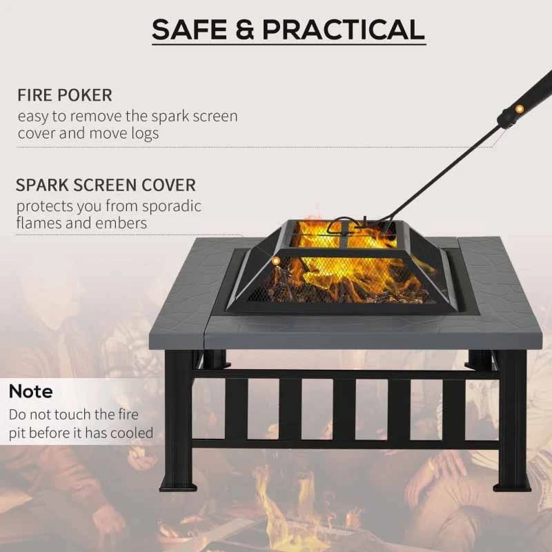 Outsunny Square Metal Fire Pit With Waterproof Cover/Grey - Black - 842-073 - Image 4