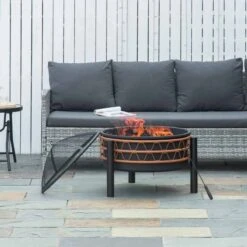 Outsunny Outdoor Fire Pit Metal Round Firepit - Black/Orange - 842-267