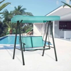 Outsunny 2 Seater Textilene Garden Swing Chair With Canopy - Blue - 84A-236BU