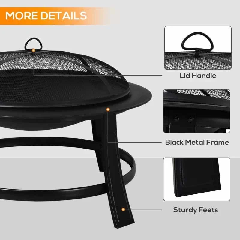 Outsunny 30" Round Metal Fire Pit With Cover - Black - 842-079 - Image 6