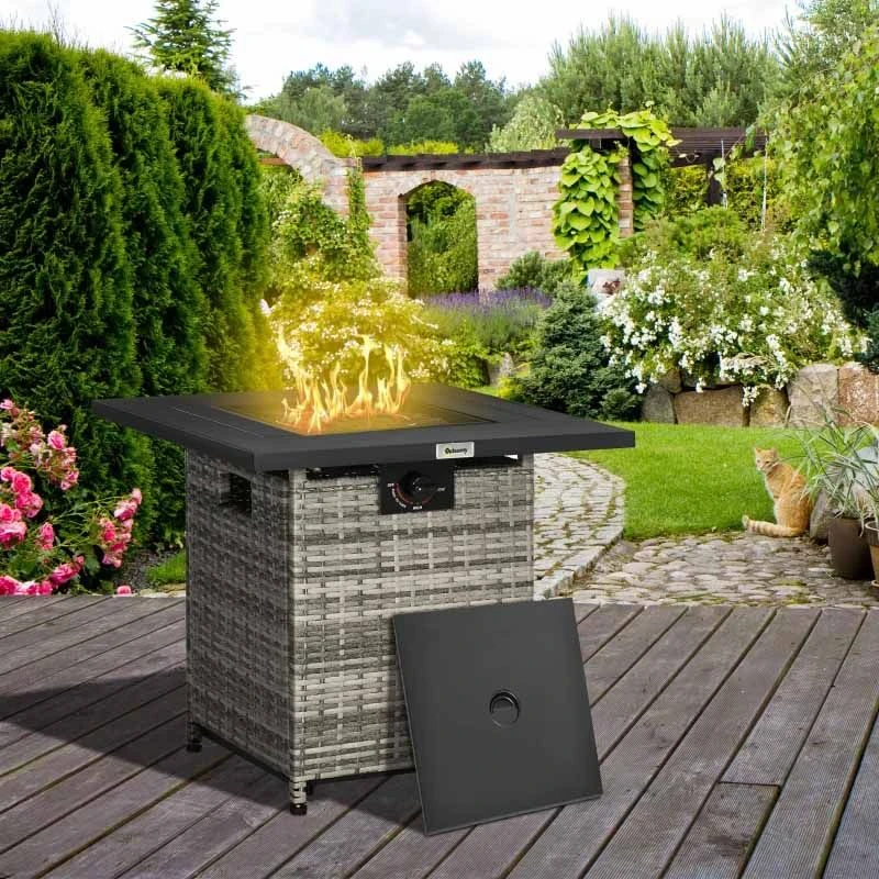 Outsunny Outdoor PE Rattan Gas Fire Pit Table - Grey/Black - 867-147V70GG - Image 7