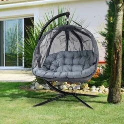 Outsunny Double Hanging 2 Seater Egg Chair With Cushion - Grey - 84A-208V70GY
