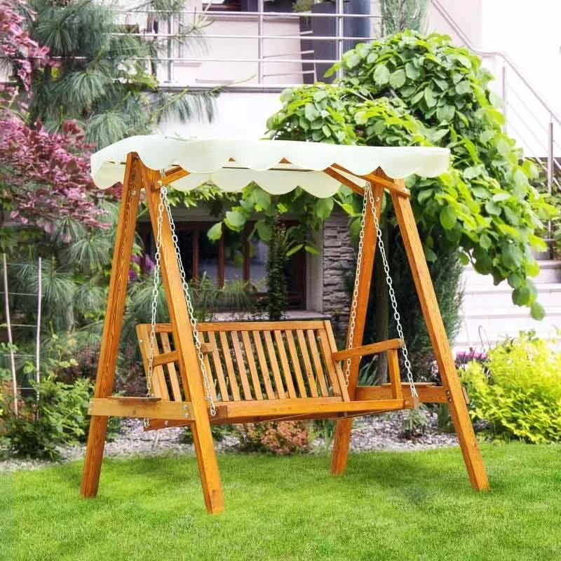 Outsunny 2-Seater Larch Wood Swing Chair - Cream - 01-0303 - Image 8
