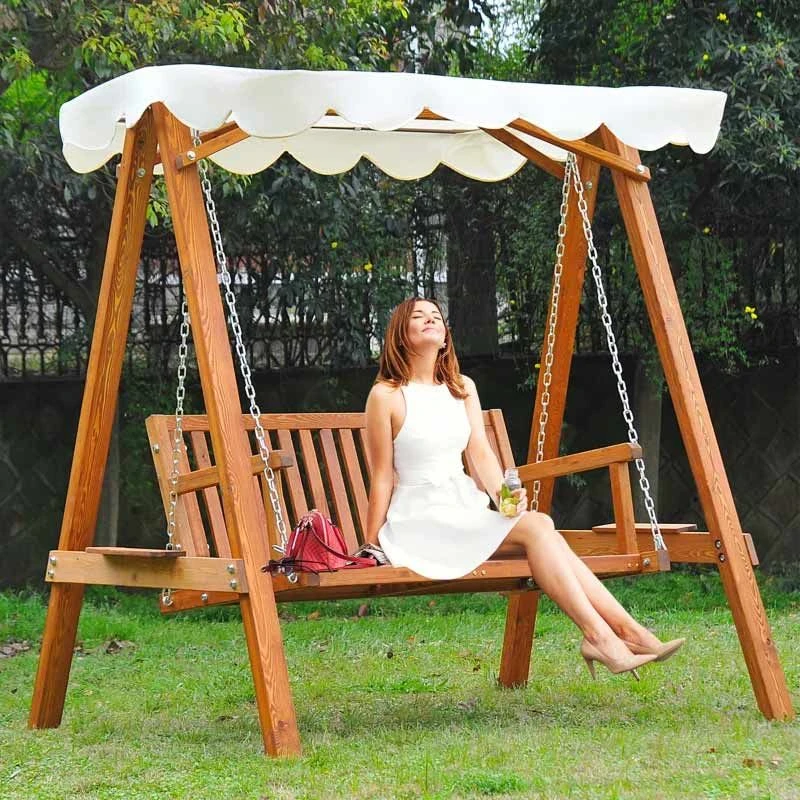 Outsunny 2-Seater Larch Wood Swing Chair - Cream - 01-0303