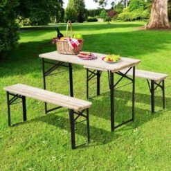 Outsunny Picnic Wooden Table And Bench Set - Black & Natural Wood - 840-022