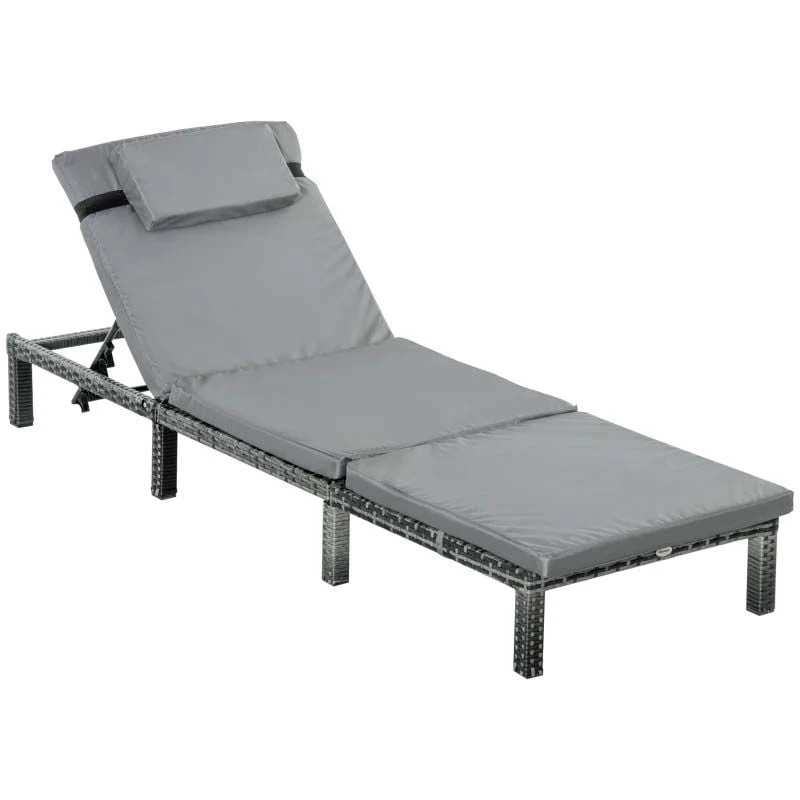 Outsunny Reclining Rattan Sun Lounger With Pillow - Grey - 841-004V70GY - Image 2