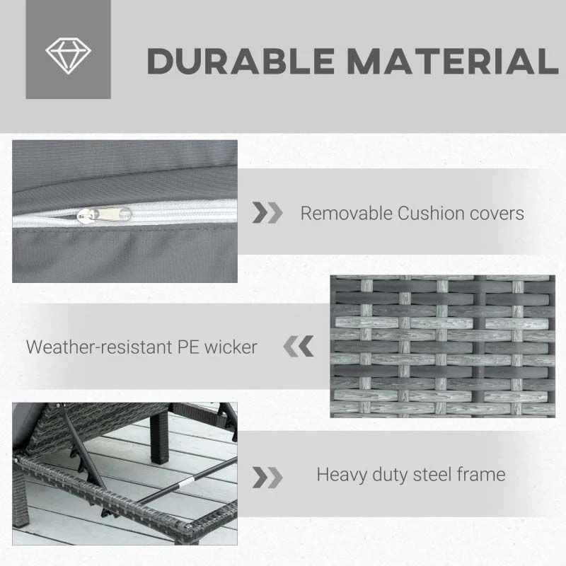 Outsunny Reclining Rattan Sun Lounger With Pillow - Grey - 841-004V70GY - Image 5