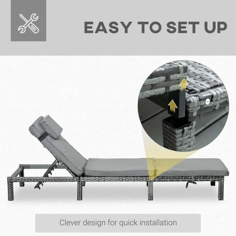 Outsunny Reclining Rattan Sun Lounger With Pillow - Grey - 841-004V70GY - Image 7