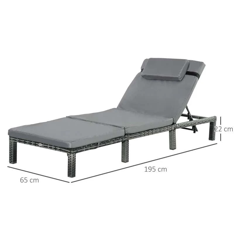 Outsunny Reclining Rattan Sun Lounger With Pillow - Grey - 841-004V70GY - Image 3