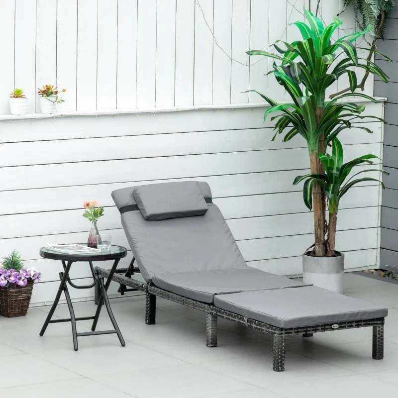 Outsunny Reclining Rattan Sun Lounger With Pillow - Grey - 841-004V70GY