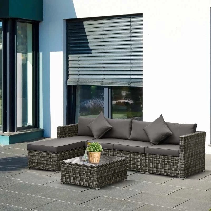 Outsunny 5-Seater Rattan Garden Furniture Set - Brown/Grey - 841-096V70