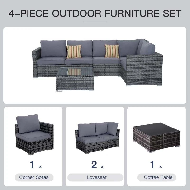 Outsunny 4 Piece Rattan Garden Furniture Set - Grey - 841-158 - Image 4