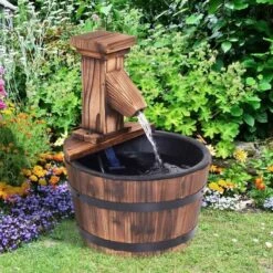 Outsunny Garden Wooden Barrel Electric Pump Water Feature 27x37Hcm - Brown - 844-216V01