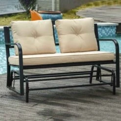 Outsunny 2 Seater Garden Swing Garden Bench With Cushions - Black/Cream - 84A-145