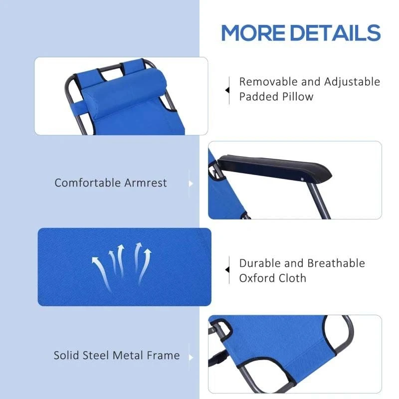 Outsunny Reclining Sun Lounger With Pillow - Blue - 84B-043BU - Image 6