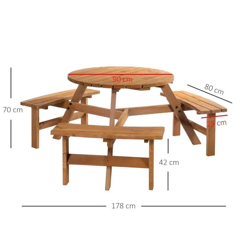 Outsunny 6-Seater Round Garden Picnic Table Set - Fir Wood - 84B-163 - Image 3