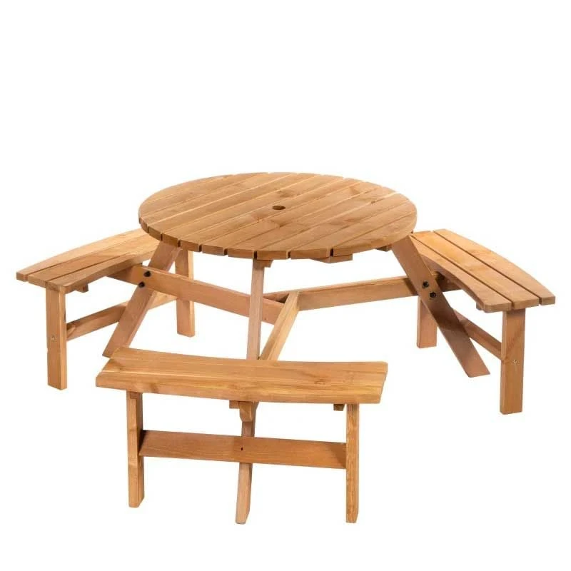 Outsunny 6-Seater Round Garden Picnic Table Set - Fir Wood - 84B-163 - Image 5