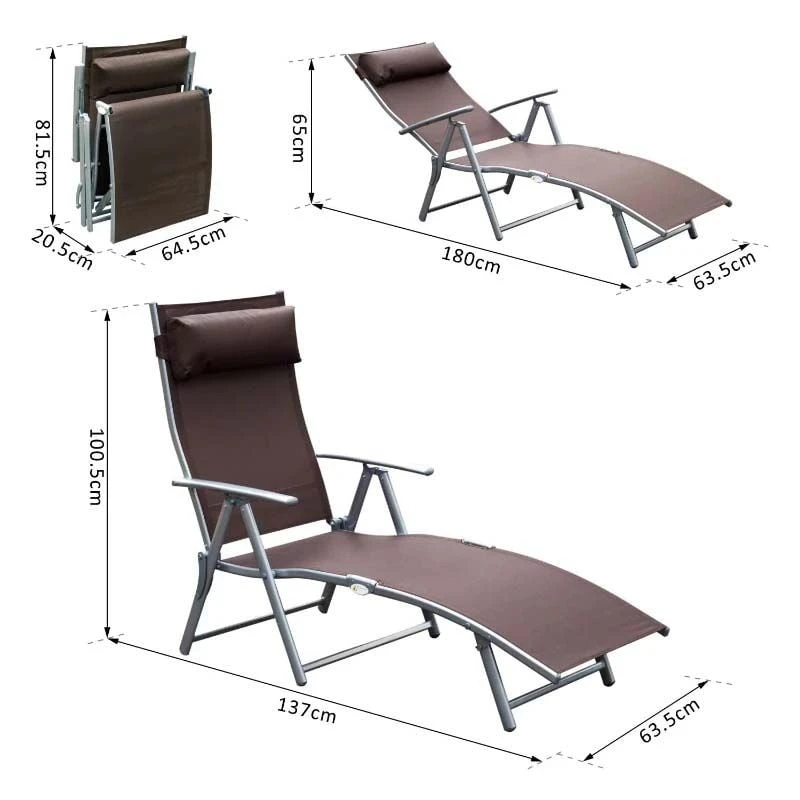 Outsunny Reclining Sun Lounger With Pillow - Brown - 84B-184BN - Image 3