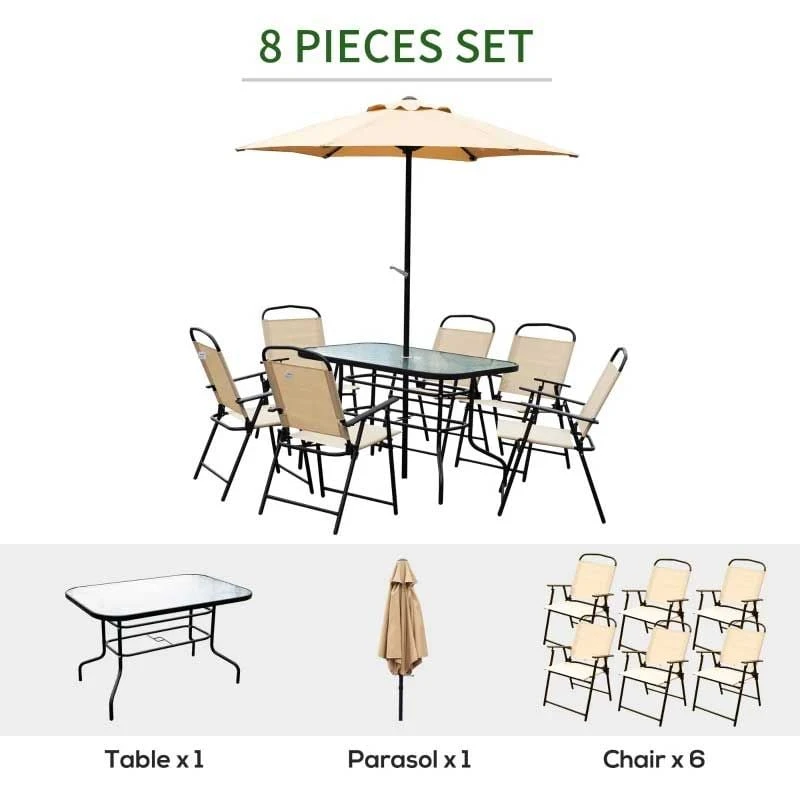 Outsunny 8 Piece Dining Set With 6 Folding Chairs & Umbrella - Beige - 84B-191 - Image 4