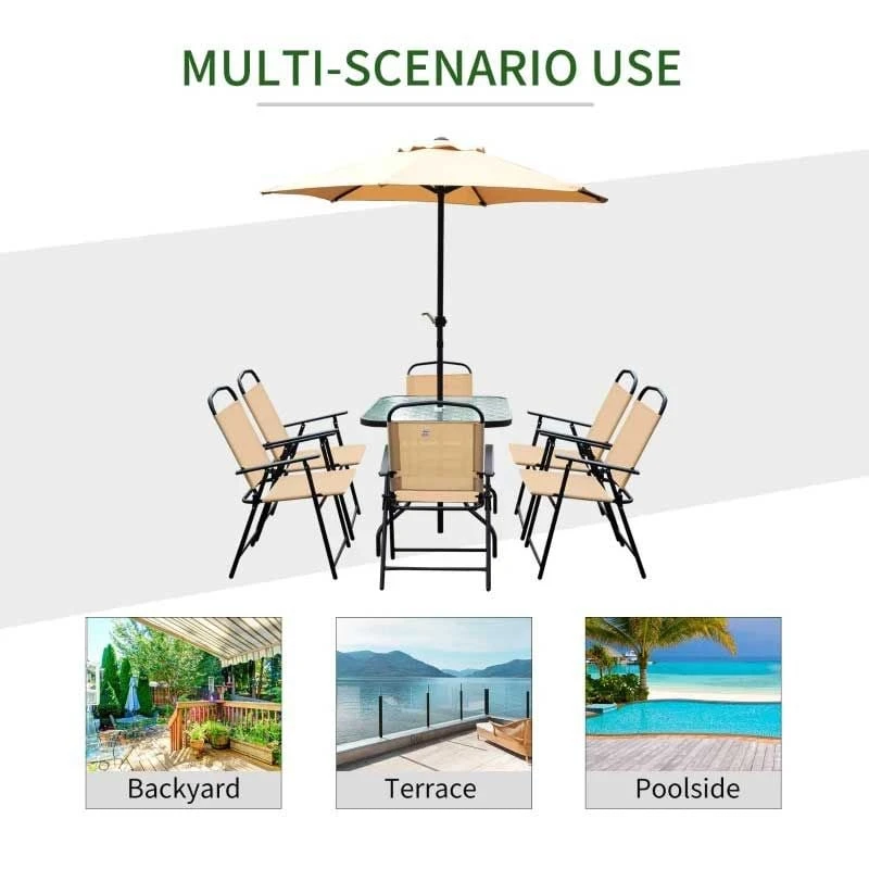 Outsunny 8 Piece Dining Set With 6 Folding Chairs & Umbrella - Beige - 84B-191 - Image 8