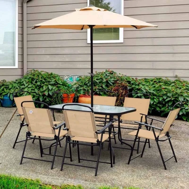 Outsunny 8 Piece Dining Set With 6 Folding Chairs & Umbrella - Beige - 84B-191