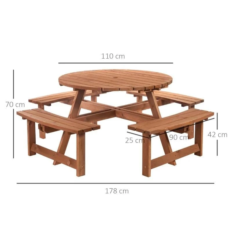 Outsunny 8-Seater Round Garden Picnic Table Set - Fir Wood - 84B-192 - Image 3