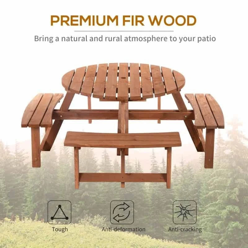Outsunny 8-Seater Round Garden Picnic Table Set - Fir Wood - 84B-192 - Image 6