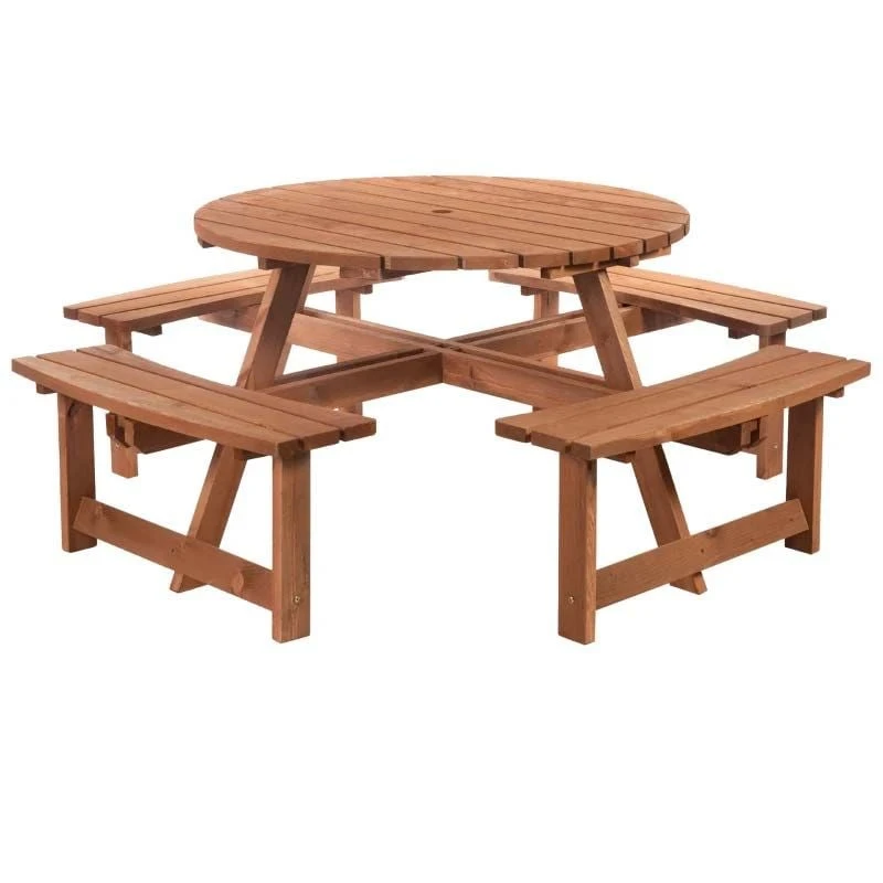 Outsunny 8-Seater Round Garden Picnic Table Set - Fir Wood - 84B-192 - Image 4
