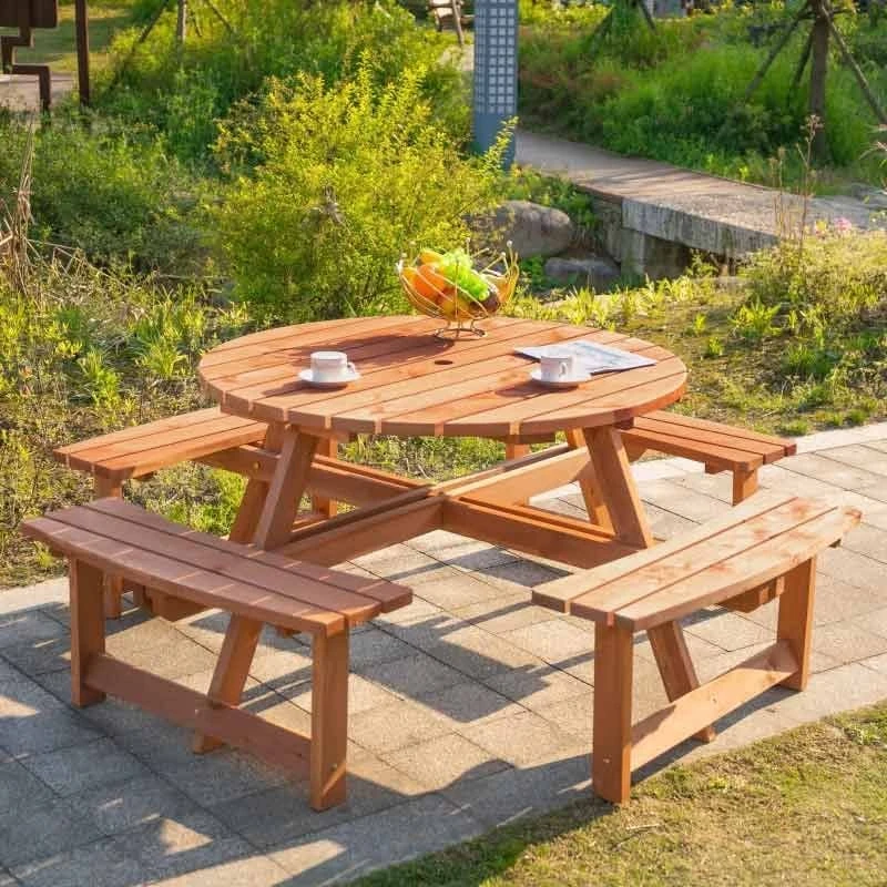 Outsunny 8-Seater Round Garden Picnic Table Set - Fir Wood - 84B-192 - Image 2