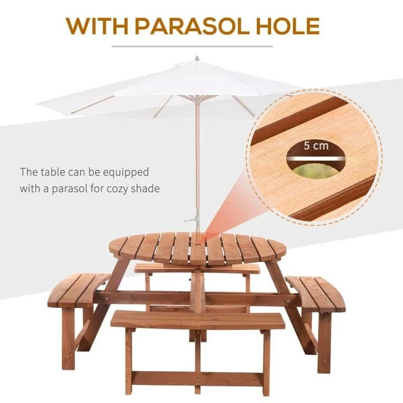Outsunny 8-Seater Round Garden Picnic Table Set - Fir Wood - 84B-192 - Image 7