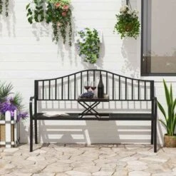 Outsunny 2 Seater Metal Garden Bench With Built In Table 1600x530x950mm - Black - 84B-241