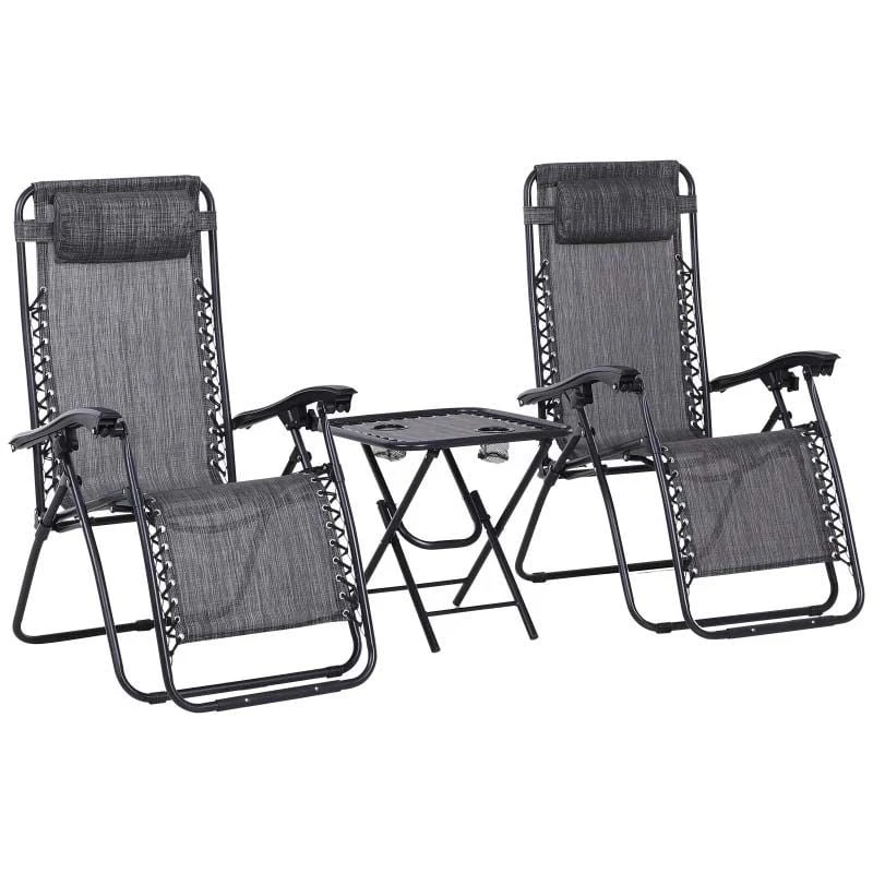 Outsunny 3-Piece Reclining Sun Lounger Set With Table - Grey - 84B-271CG - Image 2