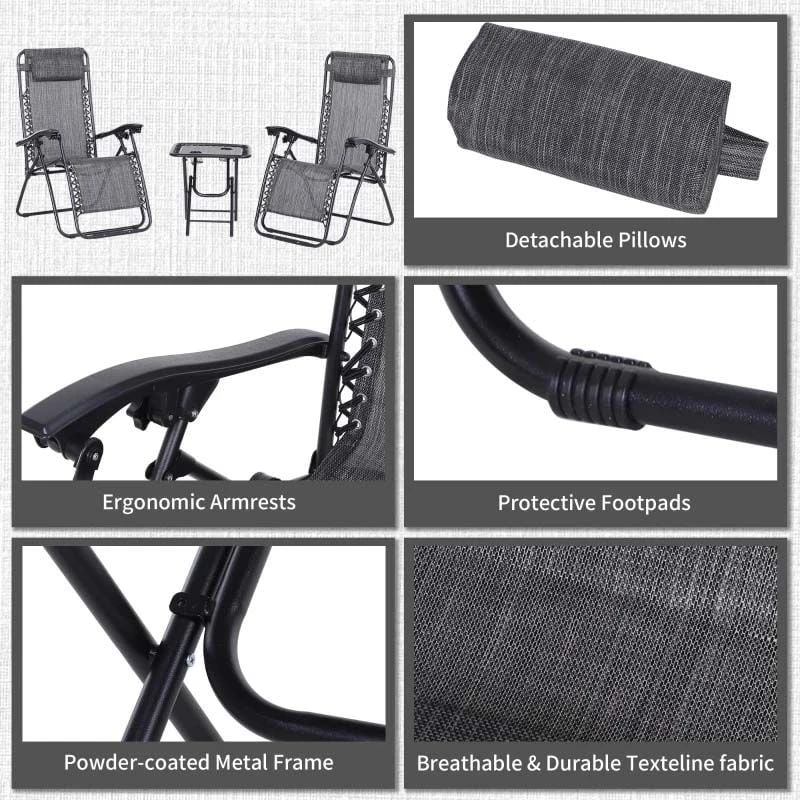 Outsunny 3-Piece Reclining Sun Lounger Set With Table - Grey - 84B-271CG - Image 7