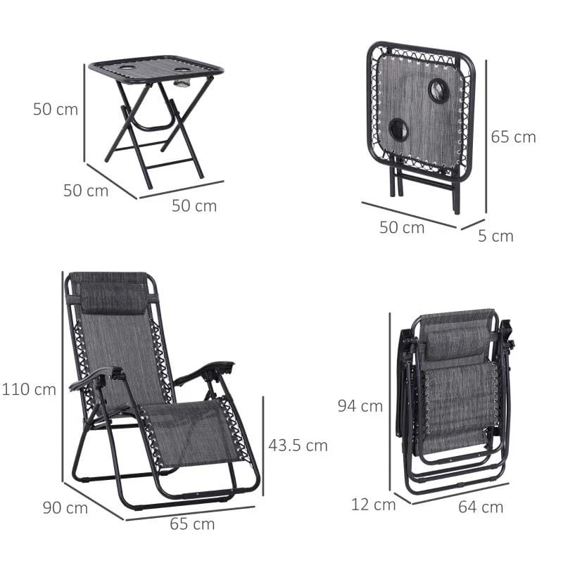 Outsunny 3-Piece Reclining Sun Lounger Set With Table - Grey - 84B-271CG - Image 3