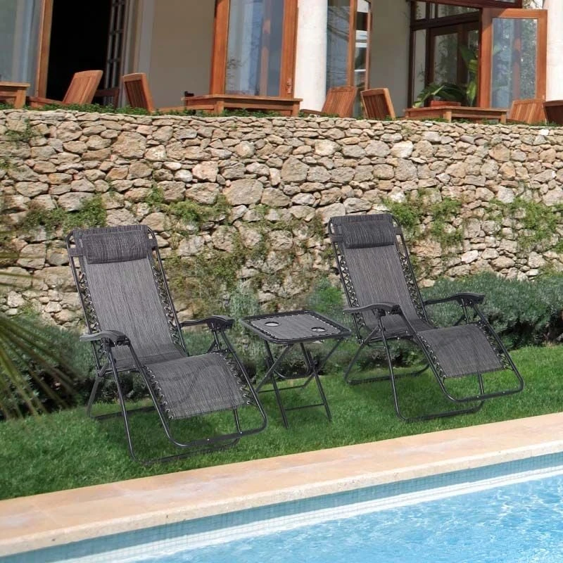 Outsunny 3-Piece Reclining Sun Lounger Set With Table - Grey - 84B-271CG - Image 8