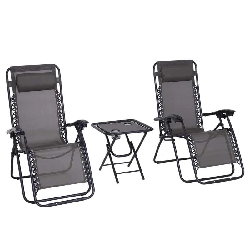 Outsunny 3-Piece Reclining Sun Lounger Set With Table - Grey - 84B-271GY - Image 2